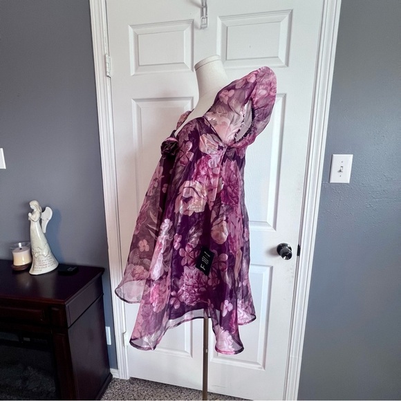 Lulus NWT Flair Wine Red Floral Organza Puff Sleeve Baby Doll Shift Mini Dress S - Picture 5 of 11